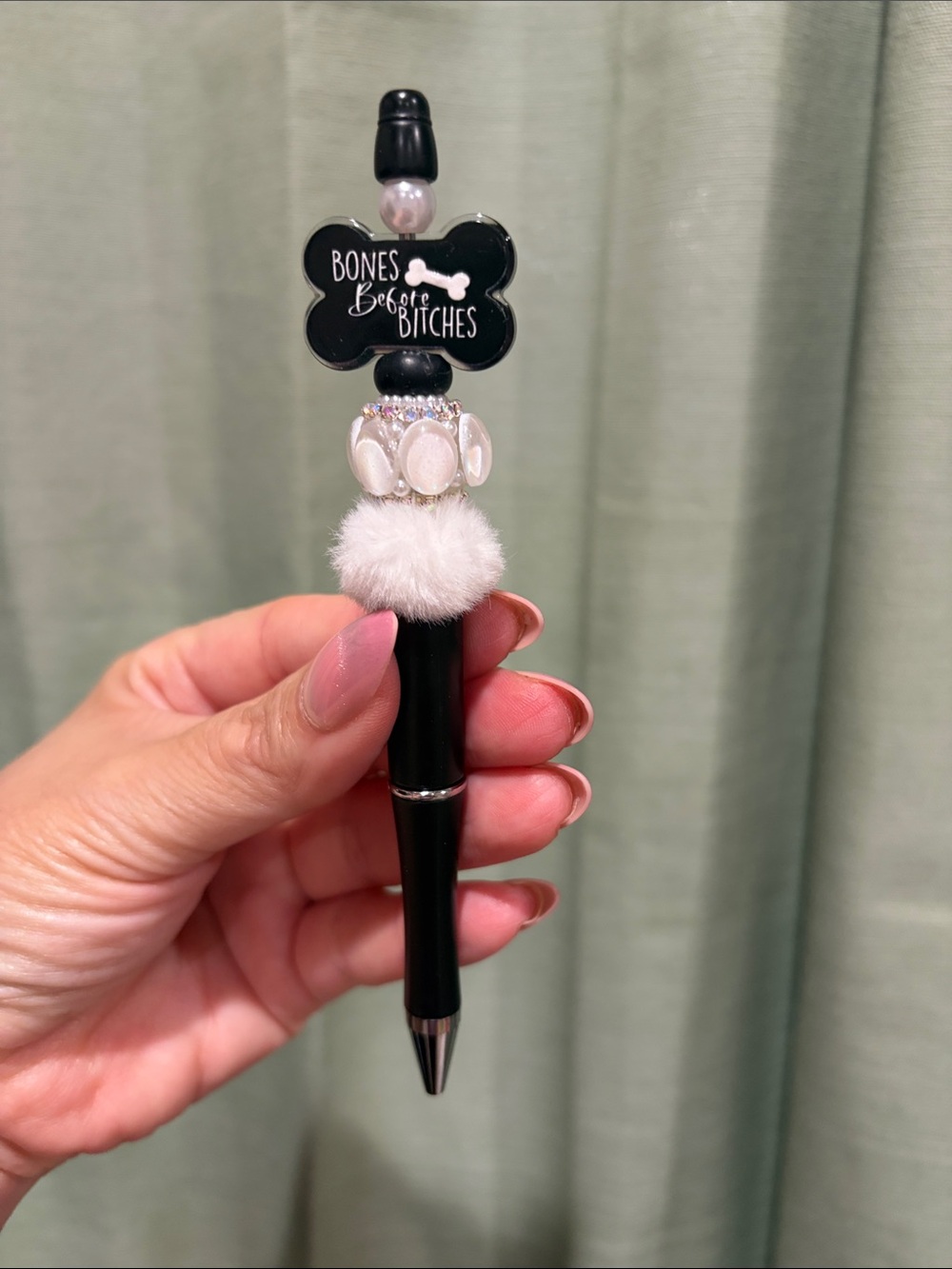Chic Black & White Decorative Pen - 'Bones Before Bitches'